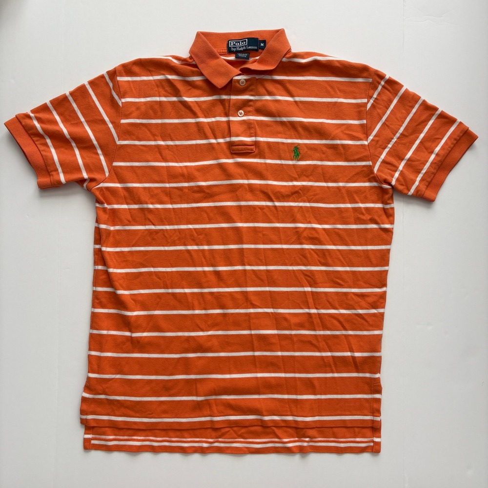 Vintage Polo by Ralph Lauren Men M Orange White Stripe Polo Shirt Green Pony Y2K